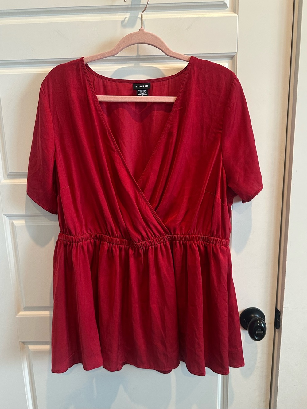 Torrid 1 Red Surplice Peplum Blouse V Neck Short Sleeve Wrap Style Top